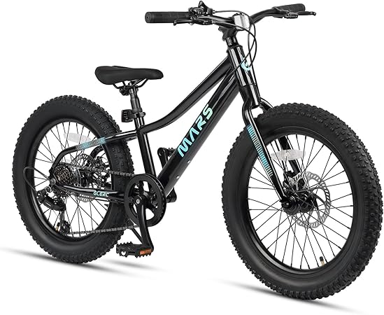 Glerc Mars Kids Mountain Bike, 20 Inch Fat Tire Bike for Teen Ages 6-12 Year Old, Bicycle with 2.8-Inch Wide Tires and 6 Speed Drivetrain, Black
