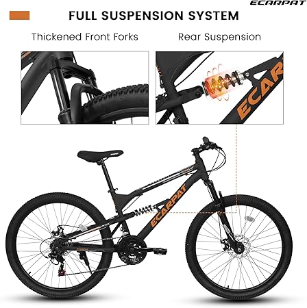 Ecarpat Mountain Bike, 24/26/27.5 Inch, Dual/Front Suspension | Mens | with 21 Speeds | High-Carbon Steel Frame | Disc/V Brakes | Adult Sport Bicycle | for Trail Snow Commuter City Road