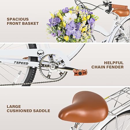 WEIZE Beach Cruiser Bike, 26 inch Bicycle for Adults, 7-Speed | High-Carbon Steel | Front & Rear Fenders | Comfortable City Bikes | with Rear Rack or Basket | Ergonomic Upright Design