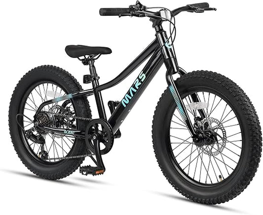 Glerc Mars Kids Mountain Bike, 20 Inch Fat Tire Bike for Teen Ages 6-12 Year Old, Bicycle with 2.8-Inch Wide Tires and 6 Speed Drivetrain, Black