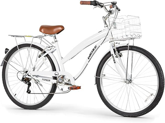 WEIZE Beach Cruiser Bike, 26 inch Bicycle for Adults, 7-Speed | High-Carbon Steel | Front & Rear Fenders | Comfortable City Bikes | with Rear Rack or Basket | Ergonomic Upright Design