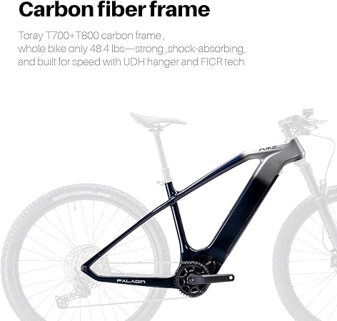 Paladin Electric Mountain Bike, 29-inch, Adult, Carbon Fiber Frame, Front Suspension, 500W Motor, Class 2 E-Bike (Dawn Silver, L)