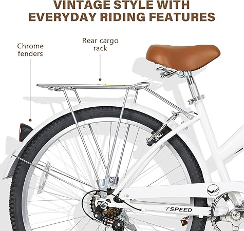 WEIZE Beach Cruiser Bike, 26 inch Bicycle for Adults, 7-Speed | High-Carbon Steel | Front & Rear Fenders | Comfortable City Bikes | with Rear Rack or Basket | Ergonomic Upright Design